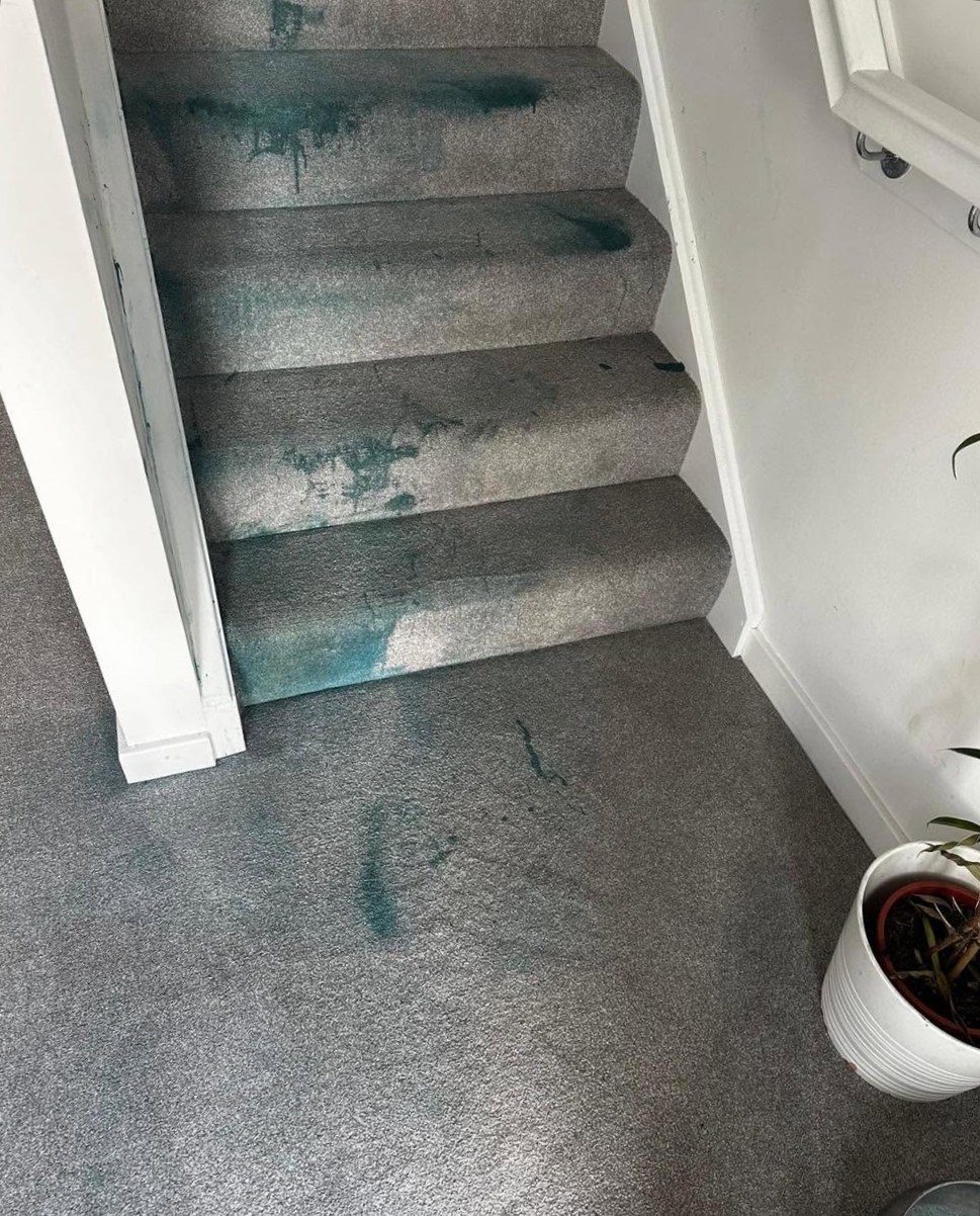 Grey carpeted staircase before cleaning