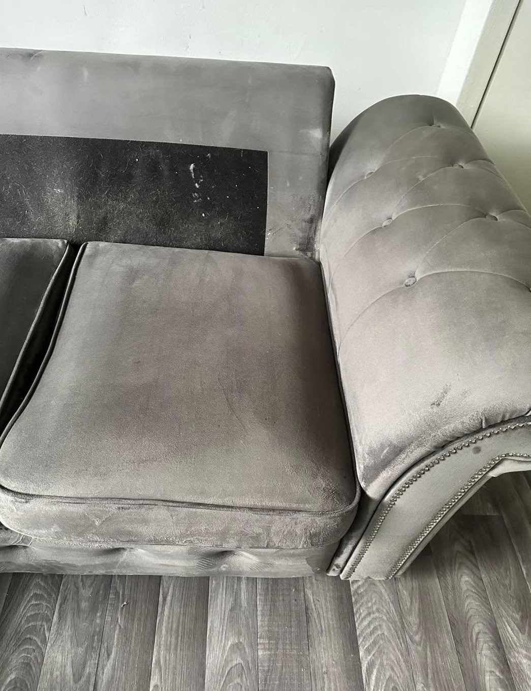 Grey velvet sofa after cleaning by Saltire Carpet Cleaning